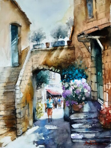 Painting titled "rue ensoleillée" by Jean Senterre, Original Artwork, Watercolor