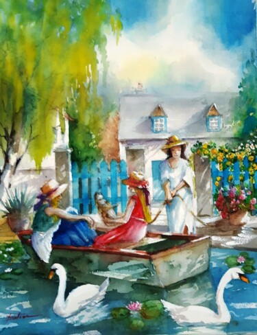 Painting titled "filles romantiques" by Jean Senterre, Original Artwork, Watercolor Mounted on Cardboard