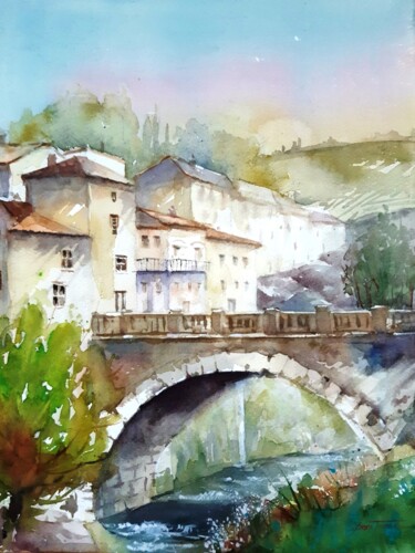 Painting titled "le vieux pont 3" by Jean Senterre, Original Artwork, Watercolor Mounted on Cardboard