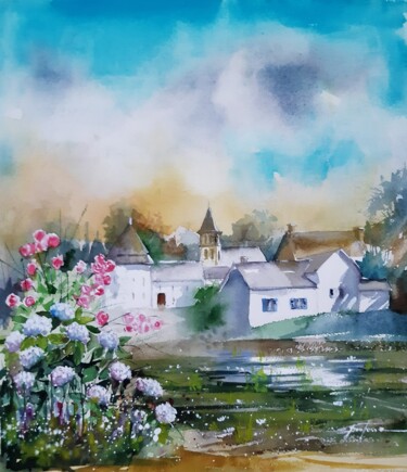 Painting titled "un joli paysage" by Jean Senterre, Original Artwork, Watercolor Mounted on Cardboard