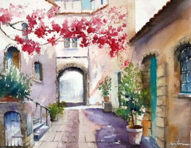 Painting titled "ruelle fleurie  7" by Jean Senterre, Original Artwork, Watercolor Mounted on Cardboard