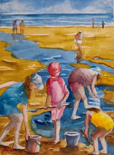Malerei mit dem Titel "jeu de plage" von Jean Senterre, Original-Kunstwerk, Aquarell Auf Karton montiert