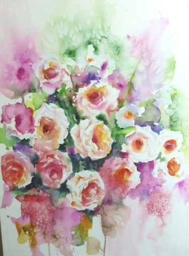 Painting titled "roses" by Jean Senterre, Original Artwork, Watercolor