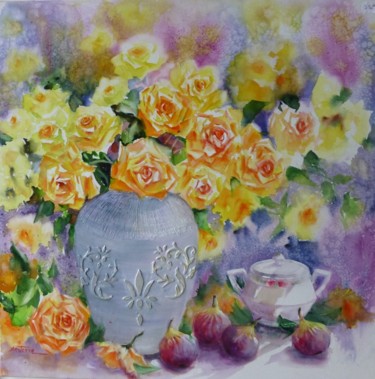 Schilderij getiteld "roses jaunes" door Jean Senterre, Origineel Kunstwerk, Aquarel