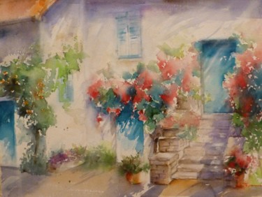 Peinture intitulée "façade fleurie" par Jean Senterre, Œuvre d'art originale, Aquarelle