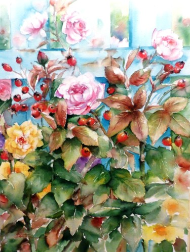 Картина под названием "la rose jaune" - Jean Senterre, Подлинное произведение искусства, Акварель