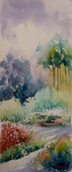 Painting titled "sous bois 2" by Jean Senterre, Original Artwork, Watercolor