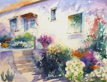 Painting titled "facade ensoleillee" by Jean Senterre, Original Artwork, Watercolor