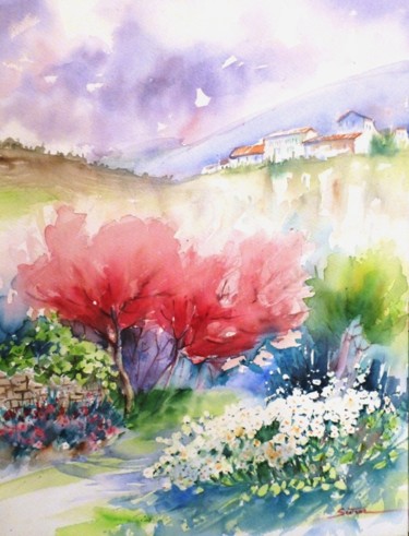 Peinture intitulée "cerisiers en fleurs…" par Jean Senterre, Œuvre d'art originale, Aquarelle