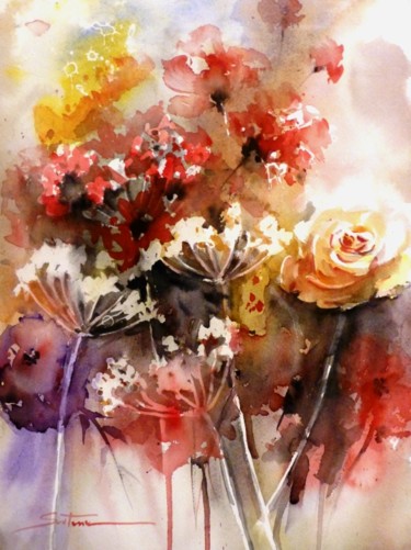 Schilderij getiteld "fleurs d ete" door Jean Senterre, Origineel Kunstwerk, Aquarel