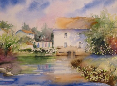 Painting titled "le village de morna…" by Jean Senterre, Original Artwork, Watercolor