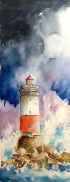 Painting titled "le phare dans la te…" by Jean Senterre, Original Artwork, Watercolor