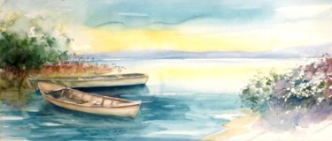 Painting titled "deux barques sur l…" by Jean Senterre, Original Artwork, Watercolor
