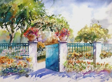 Painting titled "le jardin fleuri" by Jean Senterre, Original Artwork, Watercolor