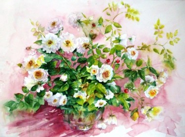 Painting titled "roses blanches,  2" by Jean Senterre, Original Artwork, Watercolor