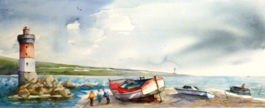 Malerei mit dem Titel "le phare rouge" von Jean Senterre, Original-Kunstwerk, Aquarell