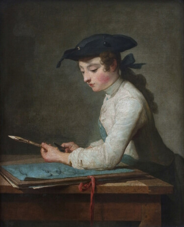 Malerei mit dem Titel "Le Jeune dessinateur" von Jean Siméon Chardin, Original-Kunstwerk, Öl