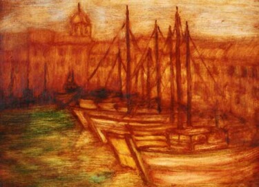 Peinture intitulée "" Port méditerranée…" par Jean Xavier Combe, Œuvre d'art originale, Huile