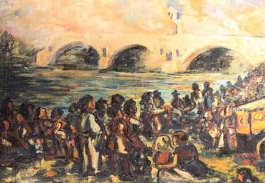 Pittura intitolato ""Sur le Pont d'Avig…" da Jean Xavier Combe, Opera d'arte originale, Olio Montato su Telaio per barella i…