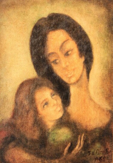 Peinture intitulée "" Amour maternel "" par Jean Xavier Combe, Œuvre d'art originale, Huile Monté sur Châssis en bois