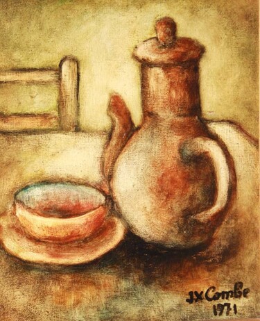 Painting titled "Cafetière et bol" by Jean Xavier Combe, Original Artwork, Oil Mounted on Wood Stretcher frame