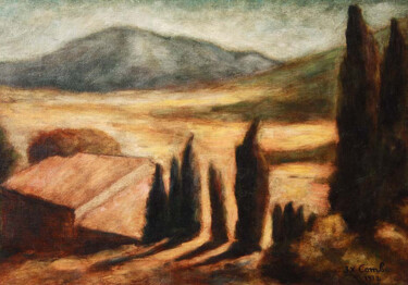 Painting titled "Mas près de Beaumes…" by Jean Xavier Combe, Original Artwork, Oil Mounted on Wood Stretcher frame