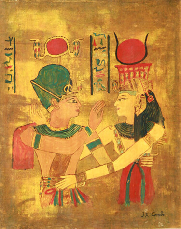 Painting titled "Ramsès III et Isis ." by Jean Xavier Combe, Original Artwork, Oil Mounted on Wood Panel