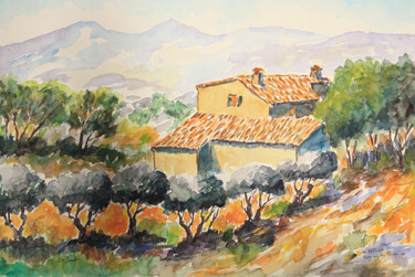 Painting titled ""Mas vers Bonnieux"" by Jean Xavier Combe, Original Artwork, Watercolor
