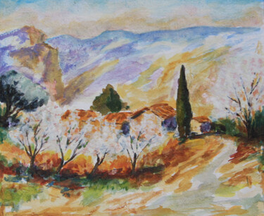 Painting titled "" Amandiers à Maube…" by Jean Xavier Combe, Original Artwork, Watercolor