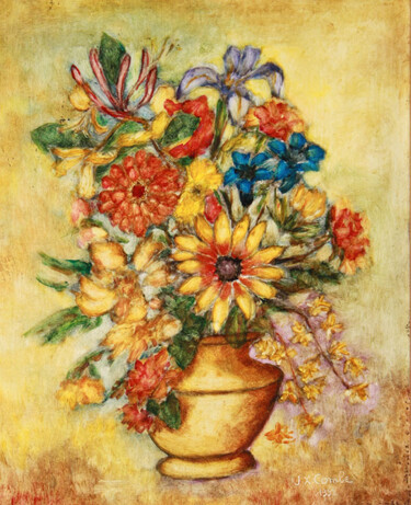 Painting titled "Bouquet V.." by Jean Xavier Combe, Original Artwork, Oil Mounted on Wood Stretcher frame