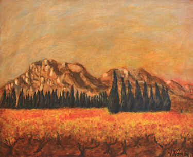 Painting titled "Vignes vers Eygaliè…" by Jean Xavier Combe, Original Artwork, Oil Mounted on Wood Stretcher frame