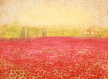Painting titled "Coquelicots vers Ma…" by Jean Xavier Combe, Original Artwork, Oil Mounted on Wood Stretcher frame