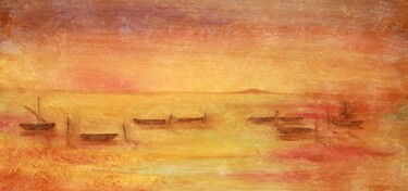 Painting titled "Barques sur l'étang…" by Jean Xavier Combe, Original Artwork, Oil Mounted on Wood Stretcher frame
