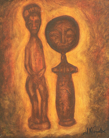 Painting titled "Statuettes africain…" by Jean Xavier Combe, Original Artwork, Oil Mounted on Wood Stretcher frame