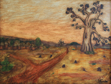 Painting titled "Baobabs." by Jean Xavier Combe, Original Artwork, Oil Mounted on Wood Stretcher frame