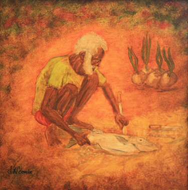 Pittura intitolato "Vieux au poisson." da Jean Xavier Combe, Opera d'arte originale, Olio Montato su Telaio per barella in l…