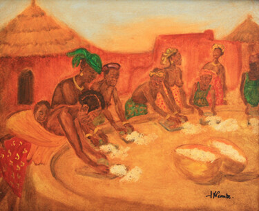 Peinture intitulée "Râpeuses de mil." par Jean Xavier Combe, Œuvre d'art originale, Huile Monté sur Châssis en bois