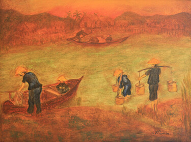Schilderij getiteld "Sur la rivière." door Jean Xavier Combe, Origineel Kunstwerk, Olie Gemonteerd op Frame voor houten bran…