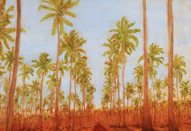 Картина под названием "Cocoteraie II." - Jean Xavier Combe, Подлинное произведение искусства, Масло Установлен на Деревянная…