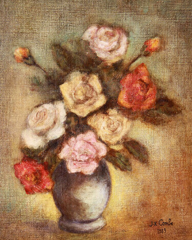Painting titled "Roses IV." by Jean Xavier Combe, Original Artwork, Oil Mounted on Wood Stretcher frame