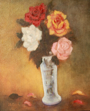 Schilderij getiteld "Roses V." door Jean Xavier Combe, Origineel Kunstwerk, Olie Gemonteerd op Frame voor houten brancard