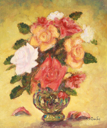 Painting titled "Roses VI." by Jean Xavier Combe, Original Artwork, Oil Mounted on Wood Stretcher frame