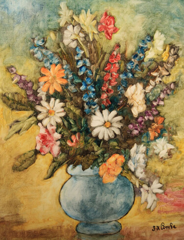 Painting titled "Bouquet III." by Jean Xavier Combe, Original Artwork, Oil Mounted on Wood Stretcher frame