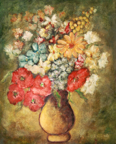 Ζωγραφική με τίτλο "Bouquet VII." από Jean Xavier Combe, Αυθεντικά έργα τέχνης, Λάδι Τοποθετήθηκε στο Ξύλινο φορείο σκελετό