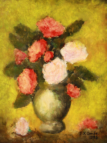 Painting titled "Roses VII." by Jean Xavier Combe, Original Artwork, Oil Mounted on Wood Stretcher frame