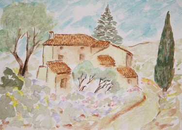 Painting titled "Campagne vers Vacqu…" by Jean Xavier Combe, Original Artwork, Watercolor