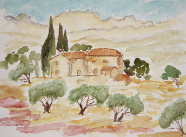 Painting titled "Mas vers Vacqueyras…" by Jean Xavier Combe, Original Artwork, Watercolor