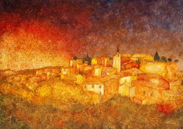 Painting titled "Roussillon en autom…" by Jean Xavier Combe, Original Artwork, Oil Mounted on Wood Stretcher frame