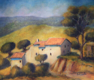 Painting titled "Mas en Ardèche." by Jean Xavier Combe, Original Artwork, Oil Mounted on Wood Stretcher frame