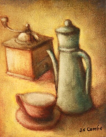 Painting titled "Nature morte au caf…" by Jean Xavier Combe, Original Artwork, Oil Mounted on Wood Stretcher frame